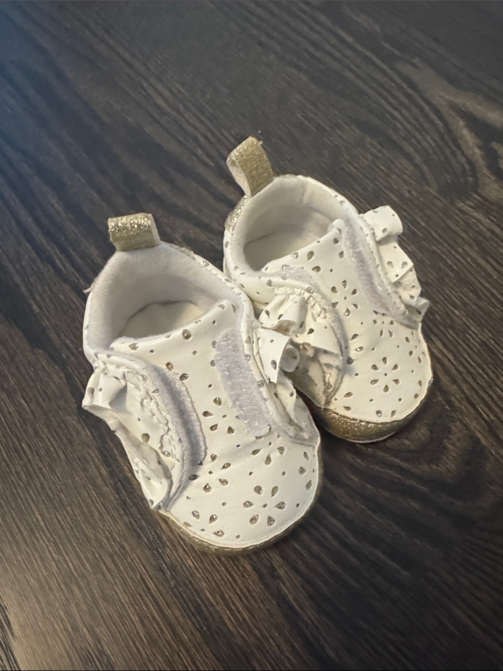 Cat & Jack White Baby Girl Perforated Ruffle Soft Shoes with Gold Trim